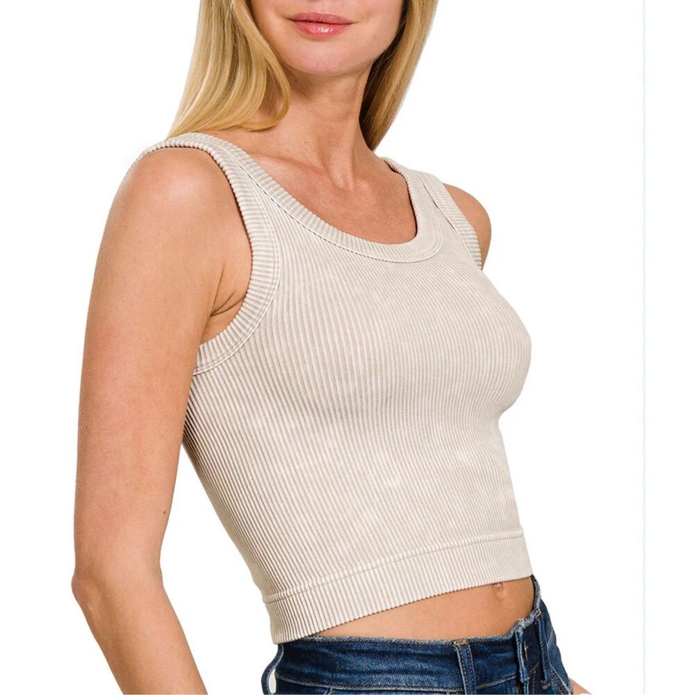 Zenana Washed Ribbed Scoop Neck Wide Strap Tank in Beige Size S/M